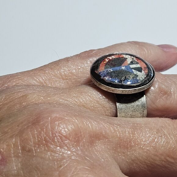 Hand Made Silver Tone Adjustable Red White And Blue Peace Sign Ring - Picture 4 of 13